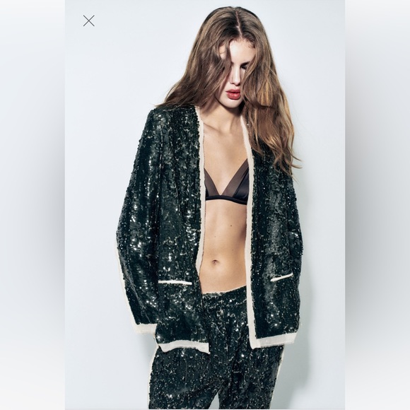 Zara green SEQUIN BLAZER ZW COLLECTION party wedding - Picture 2 of 11